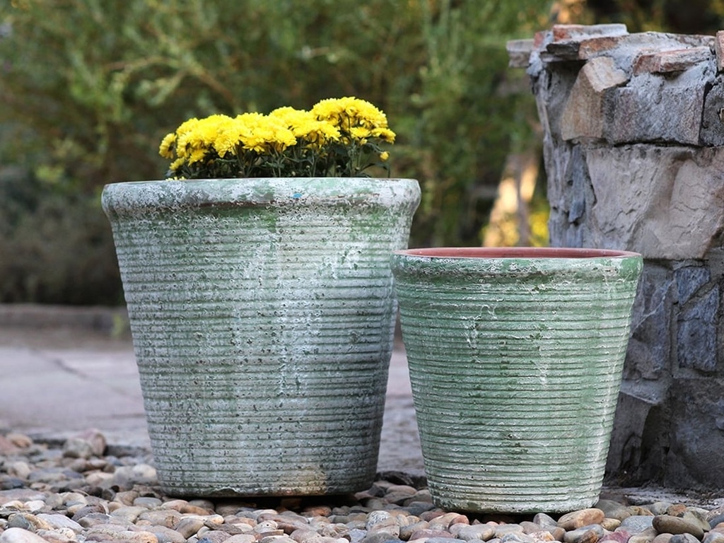 ENGLISH TUMBLED POTS MEDIUM, AEGEAN GREEN, SET OF 2 - 15.0" X 14.0", 11.0" X 11.0"