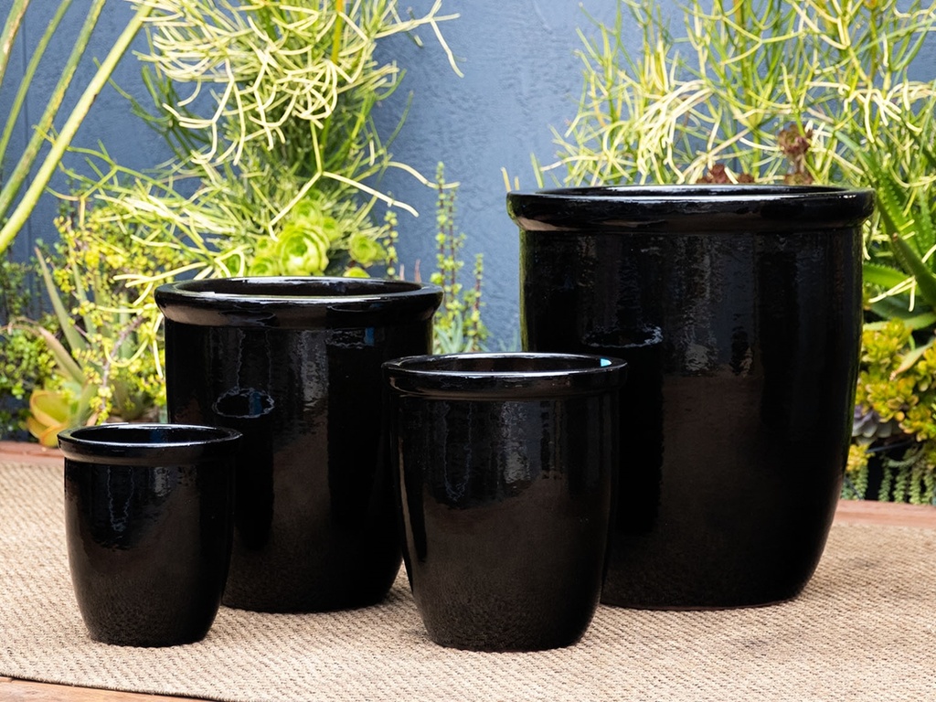HIGH CANA POTS,  BLACK, SET OF 4 - 24"X27", 20"X22", 16"X19", 12"X11"