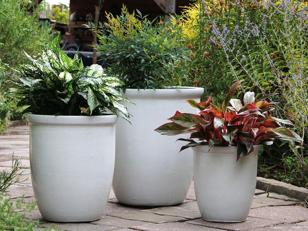 HIGH CANA POTS, WHITE, SET OF 3 - 20"X22", 16"X19", 12"X11"