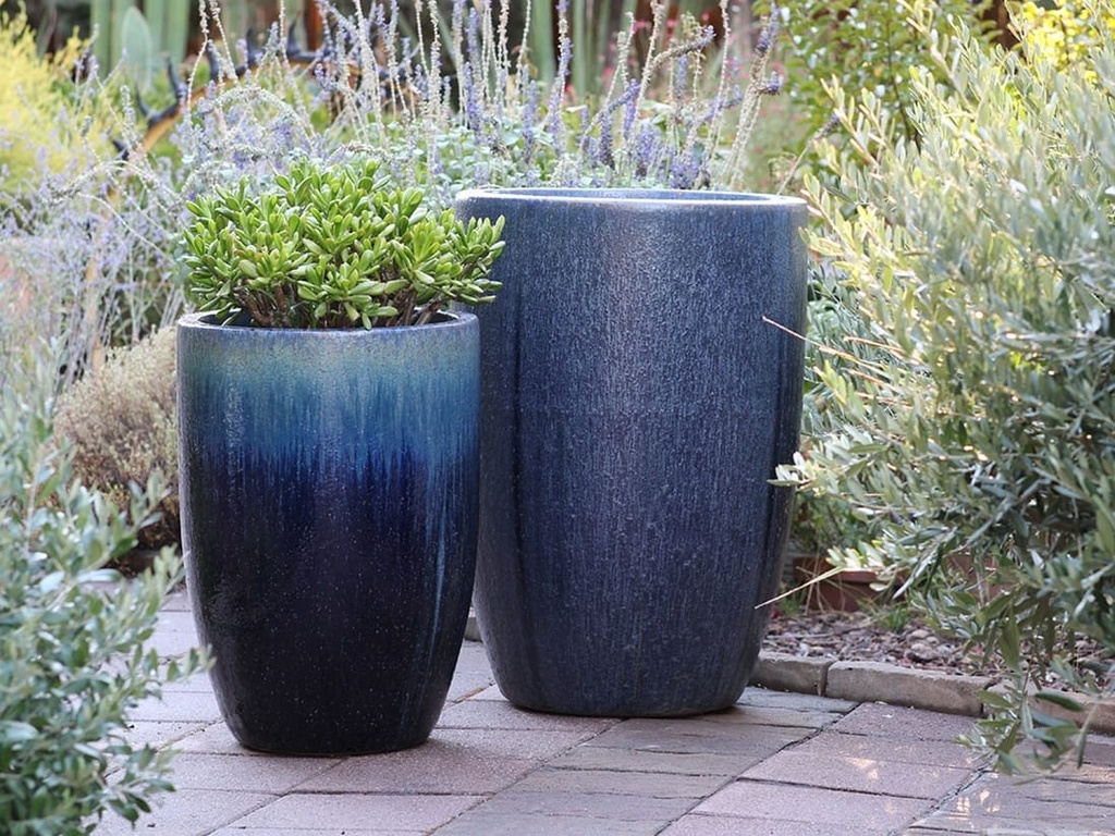 TALL BARREL  PLANTERS, CRYSTAL BLUE, SET OF 2 - 22"X32.5", 18"X26"