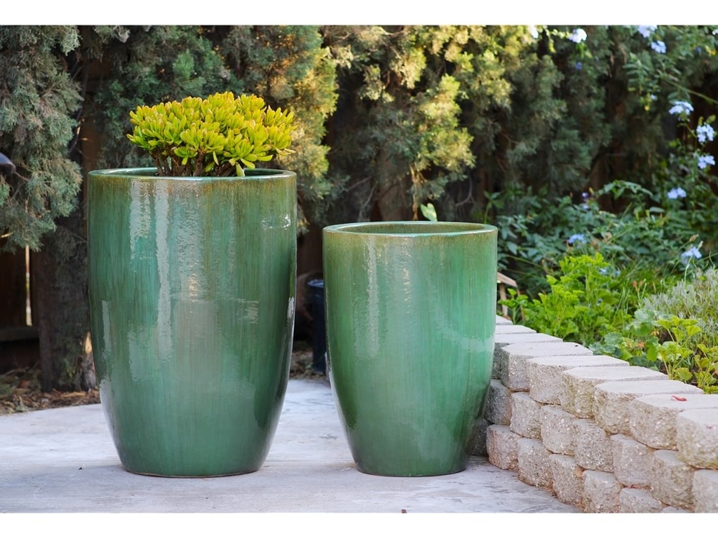 TALL BARREL PLANTERS, GREEN STREAM, SET OF 2 - 22"X32.5", 18"X26"