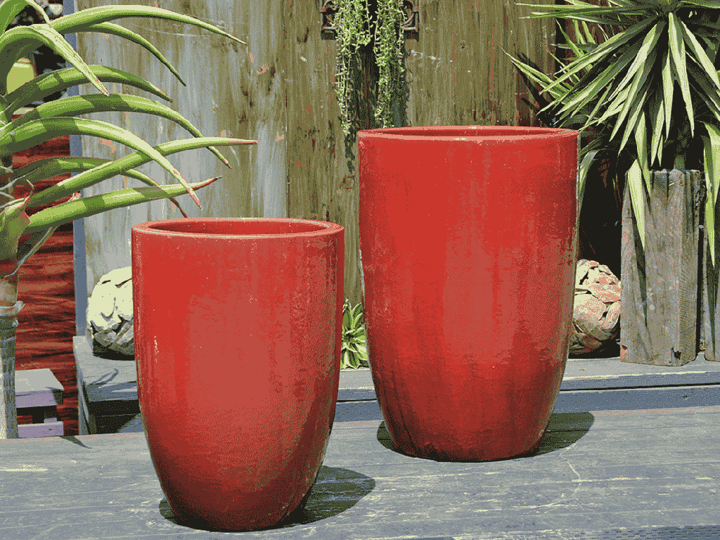 TALL BARREL PLANTER, LAVISH RED, SET OF 2 - 22"X32.5", 18"X26"