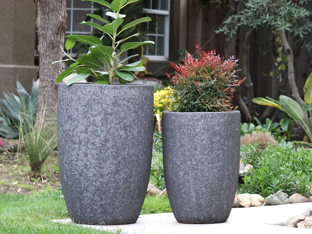 [PV-LB208SVR-S2] TALL BARREL PLANTERS, SILVER ROCK, SET OF 2 - 22"X32.5", 18"X26"