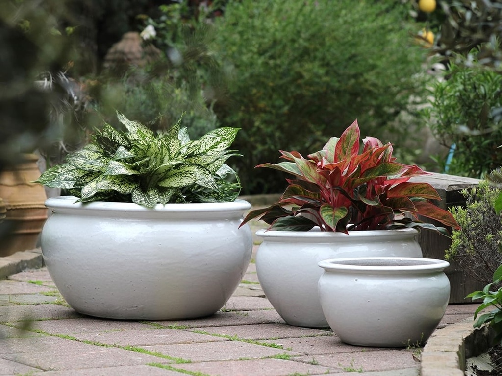 LOW JAR PLANTER, WHITE WHITE,  SET OF 3- 23"X13", 17"X10", 13"X8.5"