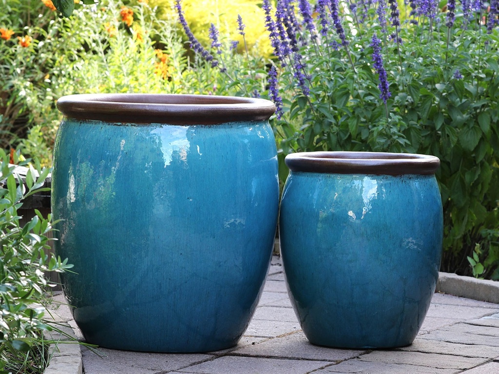 ROLL RIM PLANTER, FALLING AQUA, SET OF 2-  21.5"X25.0" 17.0"X17.5"