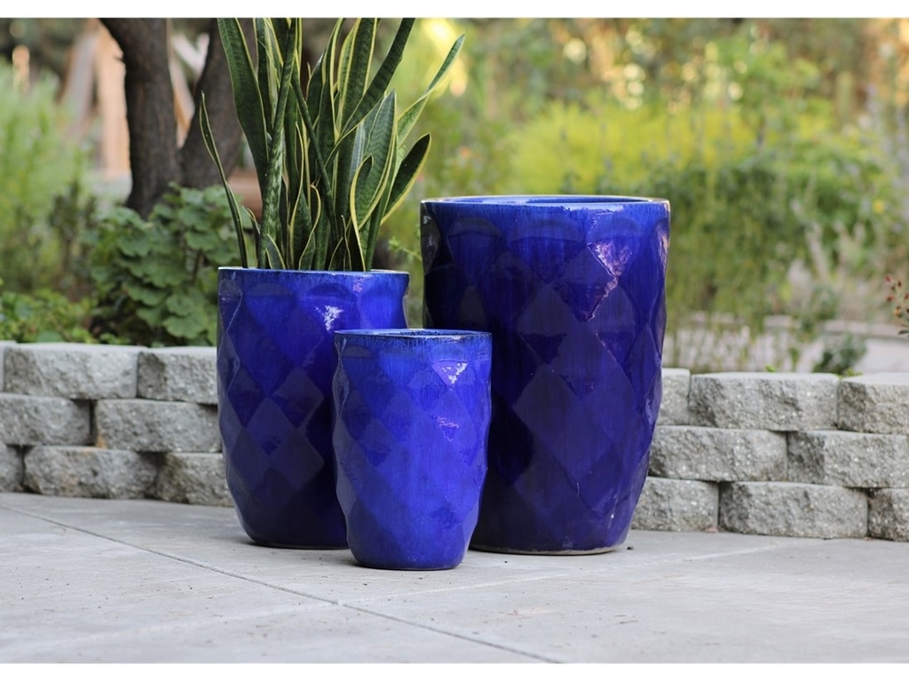 MEDIUM HIGH DIAMOND PLANTER, FALLING BLUE, SET OF 3 - 18.0" X 26.0", 14.0" X 20.5", 11.0" X 16.0"