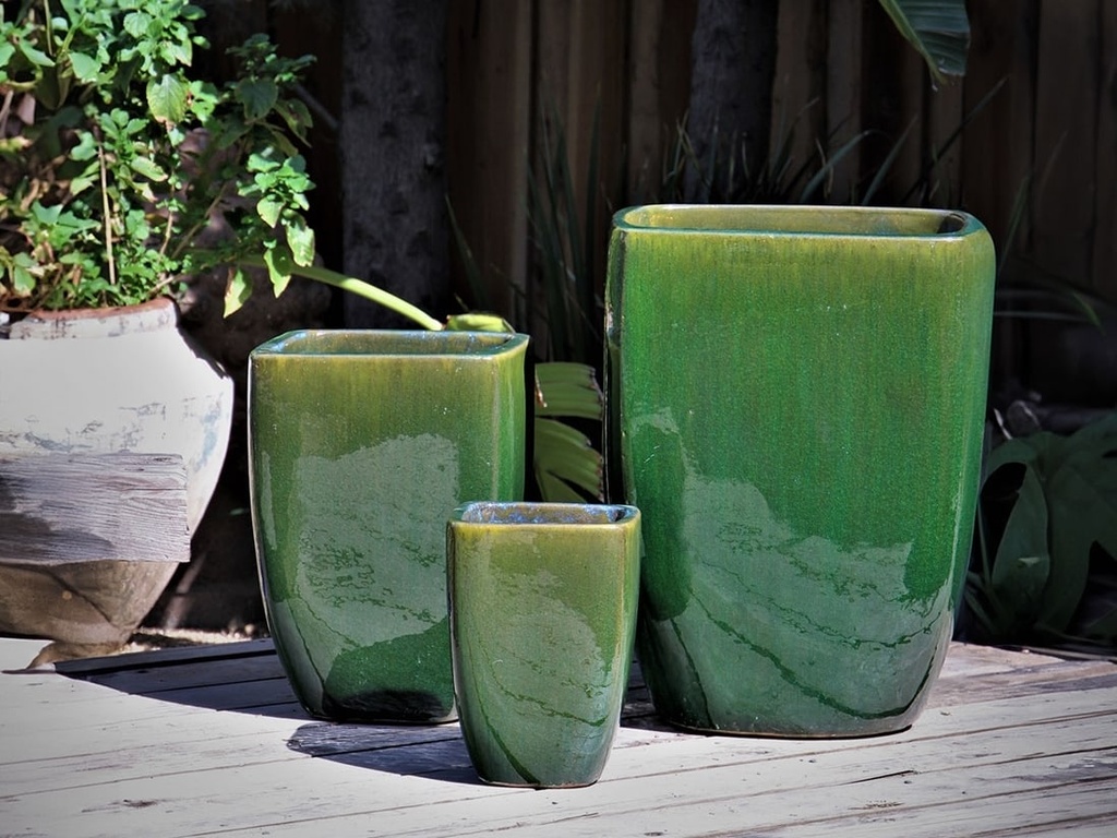 ROUND SQUARE POTS, FERN GREEN, SET OF 3 - 16.5”X22.5”, 12.0”X17.0”, 8.0”X11.0”