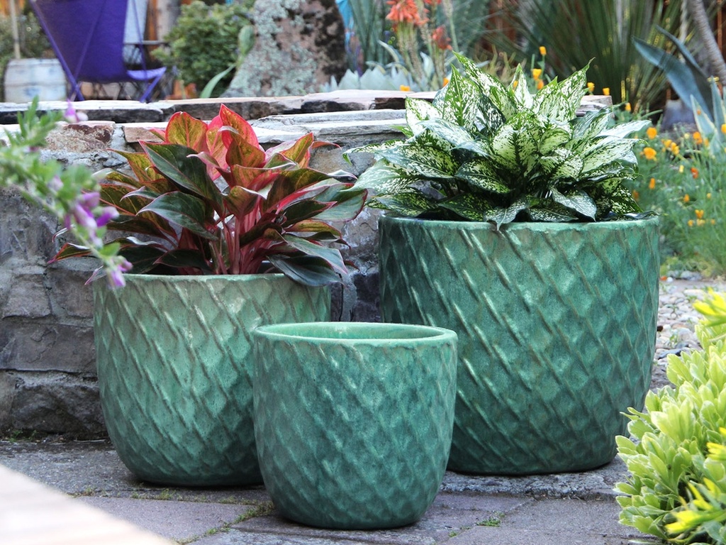 [PV-LB5152CSG-S3] BERBER PLANTER, CRYSTAL GREEN, SET OF 3 - 18.0" X 15.0", 14.0" X 12.0", 11.5" X 12.0"