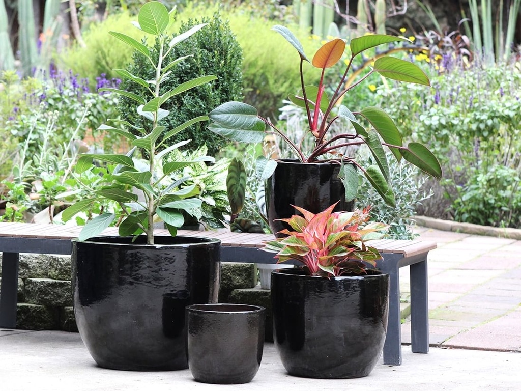 EGG SHELL POTS,  BLACK, SET OF 4 - 22.5" X 18.0", 17.5" X 15.0", 14.0" X 12.0", 11.5" X 12.0"