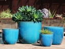 EGG SHELL POTS, FALLING AQUA, SET OF 4- 22.5" X 18.0", 17.5" X 15.0", 14.0" X 12.0", 11.5" X 12.0"