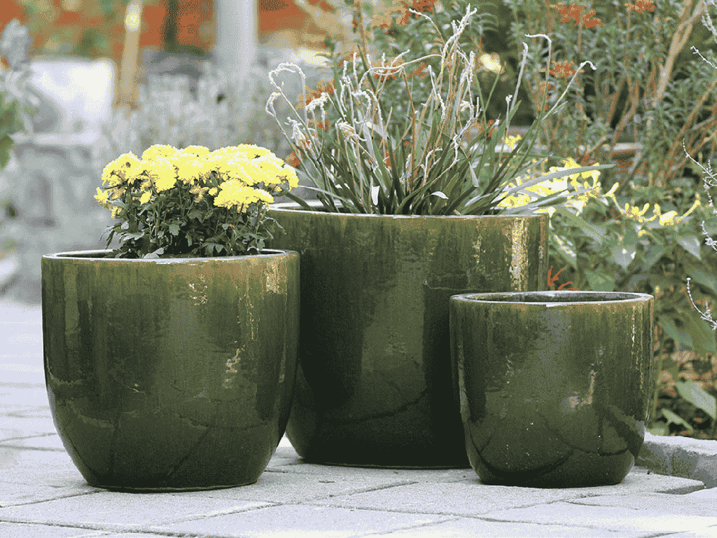EGG SHELL POTS, FERN GREEN, SET OF 3 - 17.0" X 15.0", 14.0" X 12.5", 11.5" X 12.0"