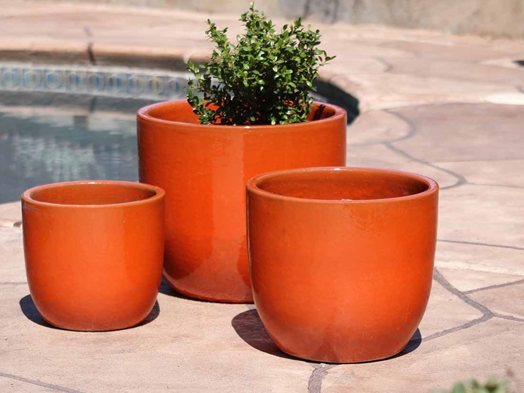 EGG SHELL POTS, ORANGE, SET OF 3 - 17.0" X 15.0", 14.0" X 12.5", 11.5" X 12.0"