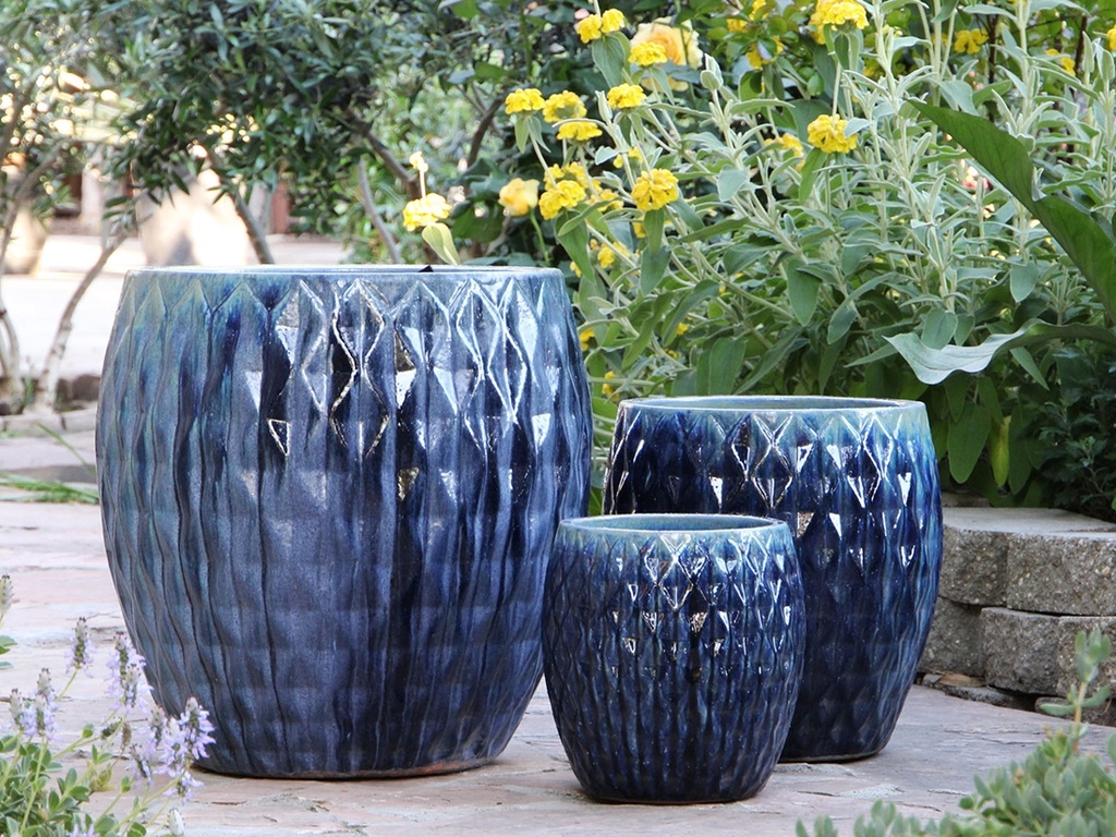 GULUNA PLANTERS WITH DIAMOND, CRYSTAL BLUE,  SET OF 3-  20.0" X 22.5", 15.5" X 16.5", 11.0" X 12.0"