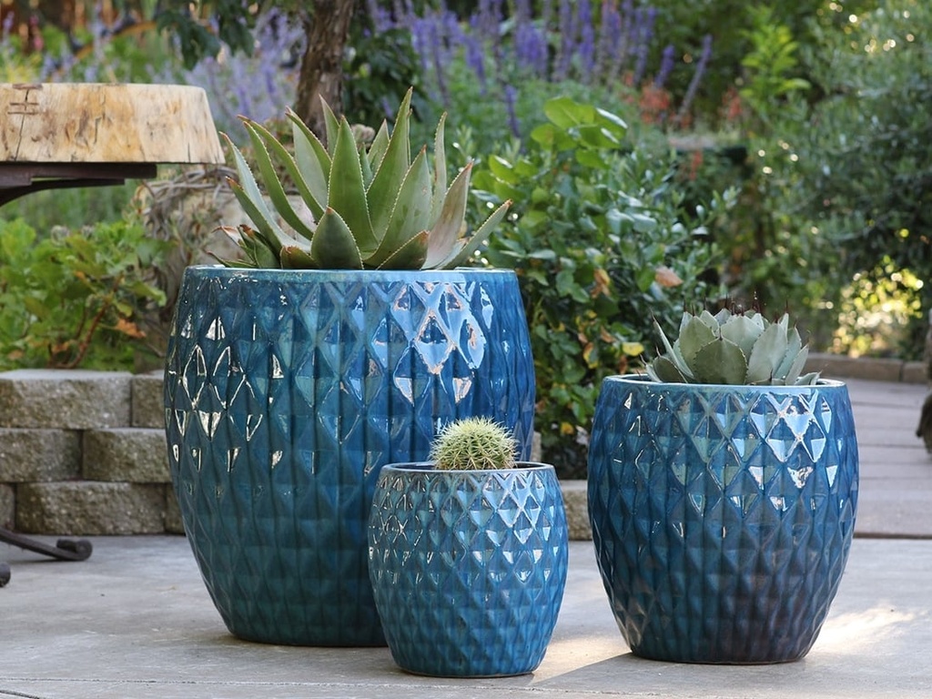 GULUNA PLANTERS WITH DIAMOND, FALLING AQUA,  SET OF 3-  20.0" X 22.5", 15.5" X 16.5", 11.0" X 12.0"