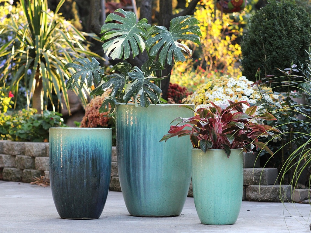 MID HEIGHT BARREL PLANTER, CRYSTAL GREEN, SET OF 3, 18.0"x26.0", 14.0"x20.5", 11.5"x16.5"