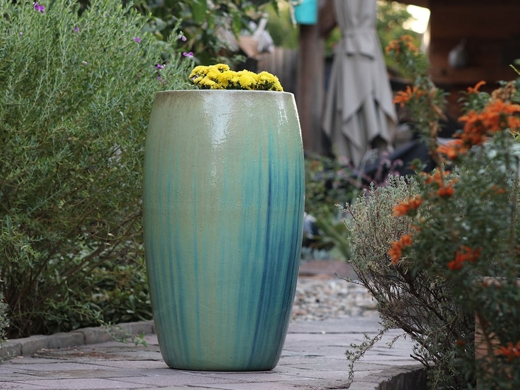 DRUM SHAPED PLANTER, CRYSTAL GREEN, 20.0" X 35.0"