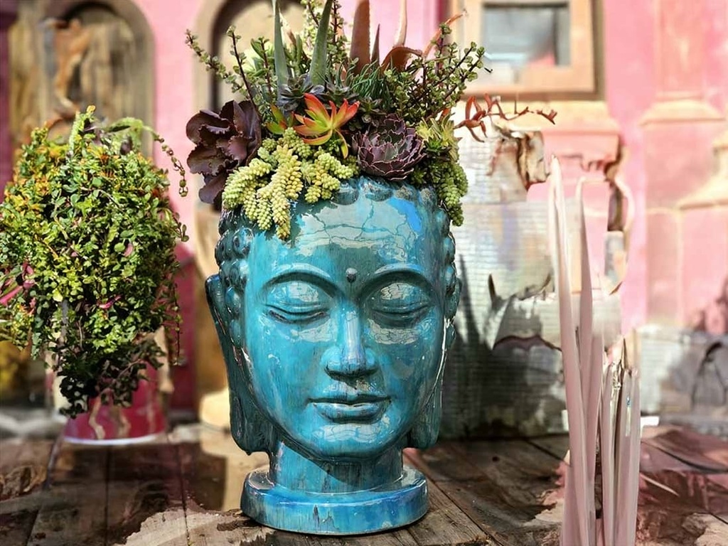 LARGE BUDDHA HEAD PLANTER, FALLING AQUA, SIZE A, 17.5" X24.5"