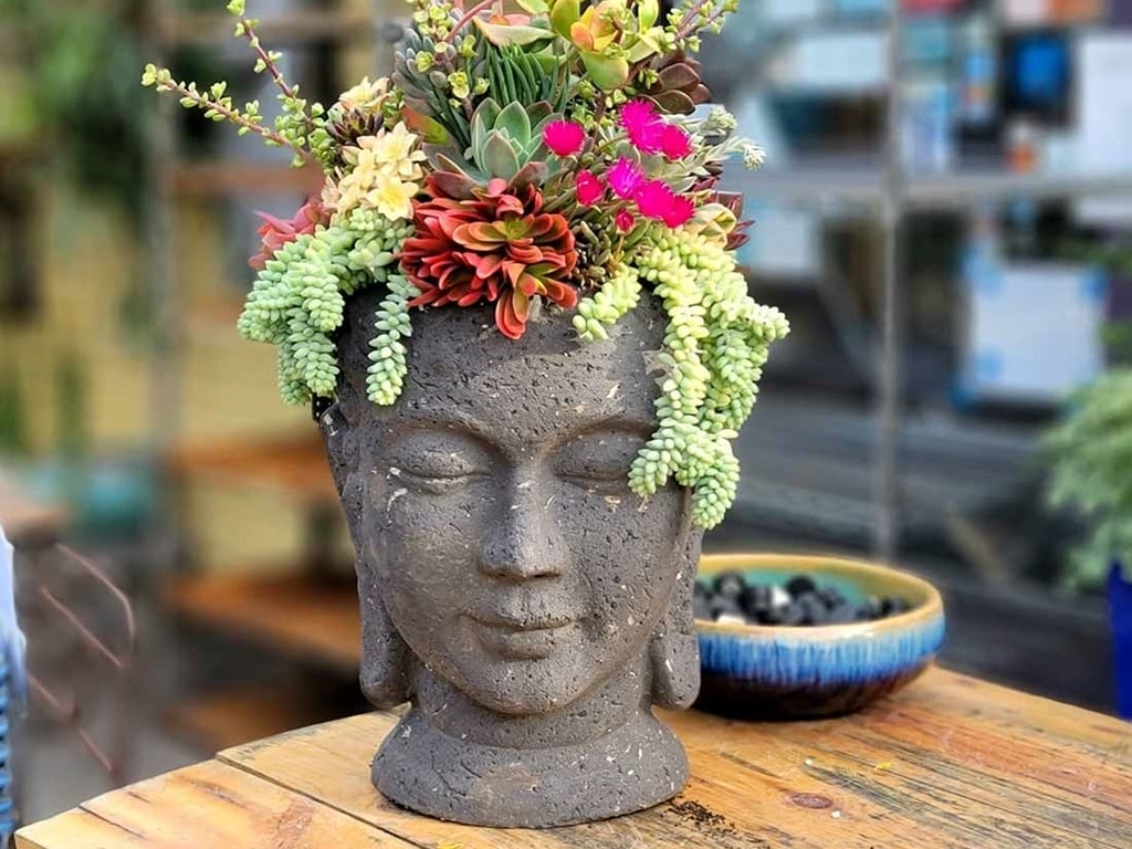 MEDIUM BUDDHA HEAD PLANTER, STONE BROWN, SIZE B, 13.0"X17.5"