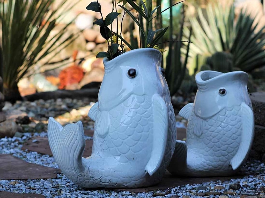 LARGE LEAPING CARP, WHITE NATURE STONE 18"X17"X20"