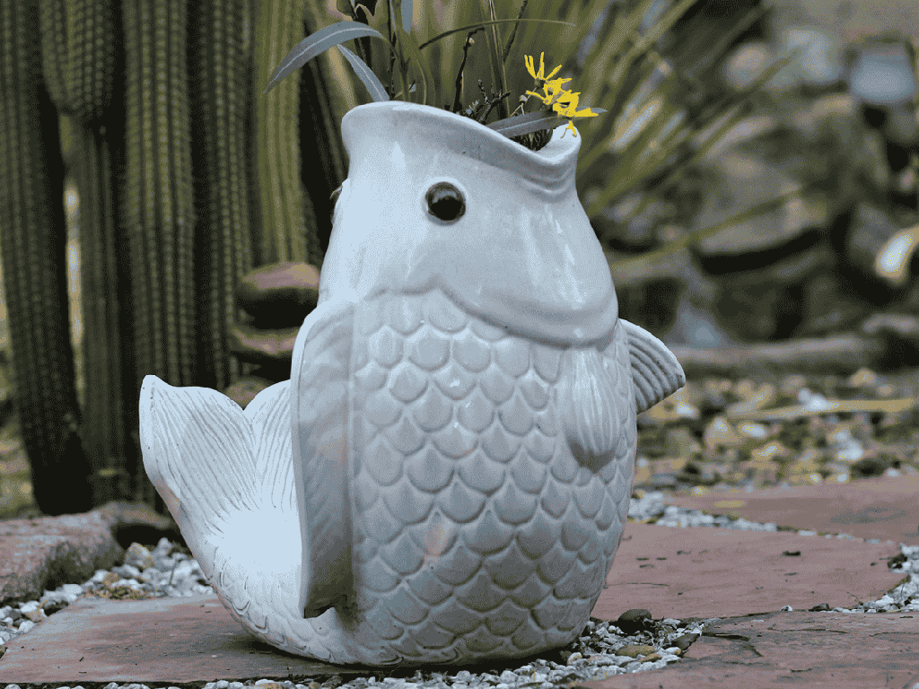 LEAPING CARP, WHITE NATURE STONE 14.5"X14.5"X15"