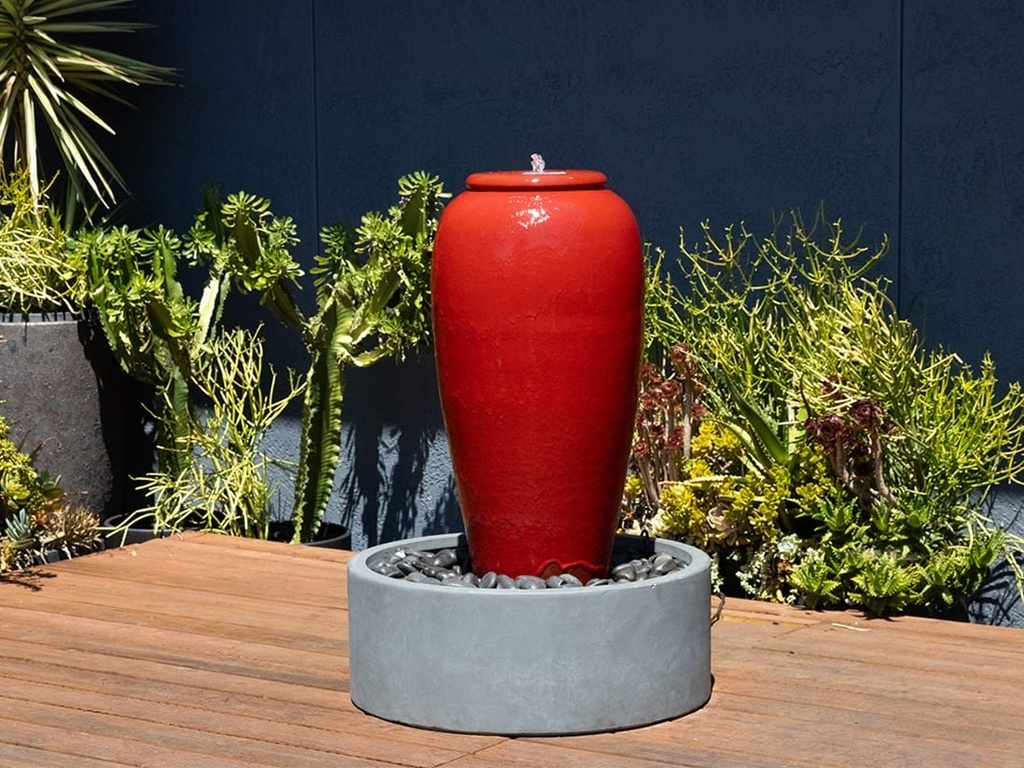 MEDIUM TALL JAR, FOUNTAIN, WATER FEATURE, LAVISH RED, 20" X 36"  (BASE/PUMP SOLD SEPERATELY)
