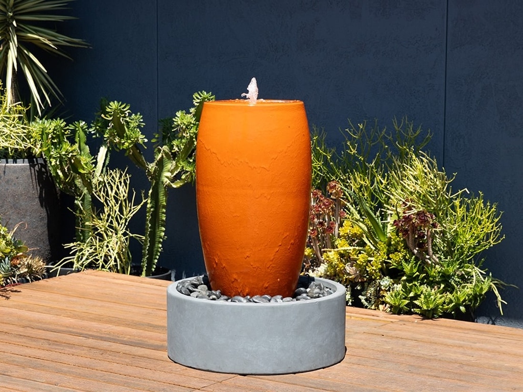 DRUM SHAPE FOUNTAIN, ORANGE, 20"X35"  (BASE/PUMP SOLD SEPERATELY)