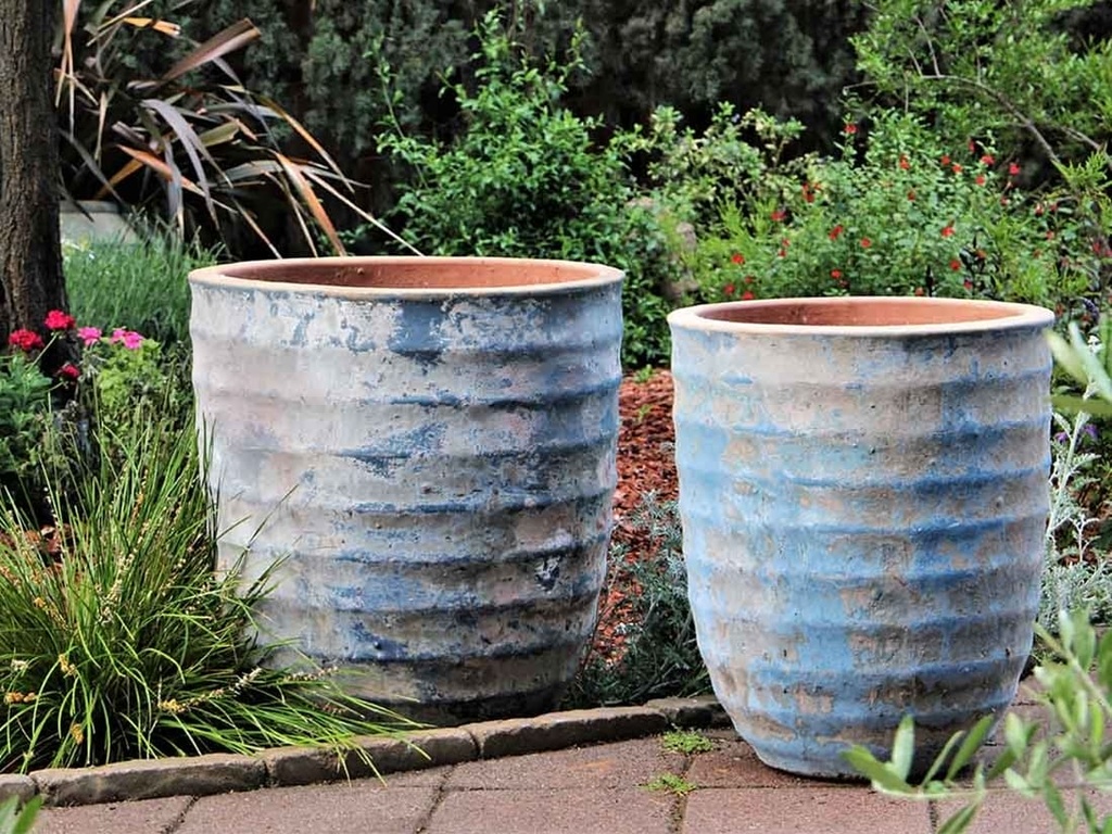 [PV-TS2227AGS-S2] TALL HORIZONTAL RIB PLANTERS XL, AEGEAN SEA, SET OF 2-  22"X27.5", 18"X22.5"