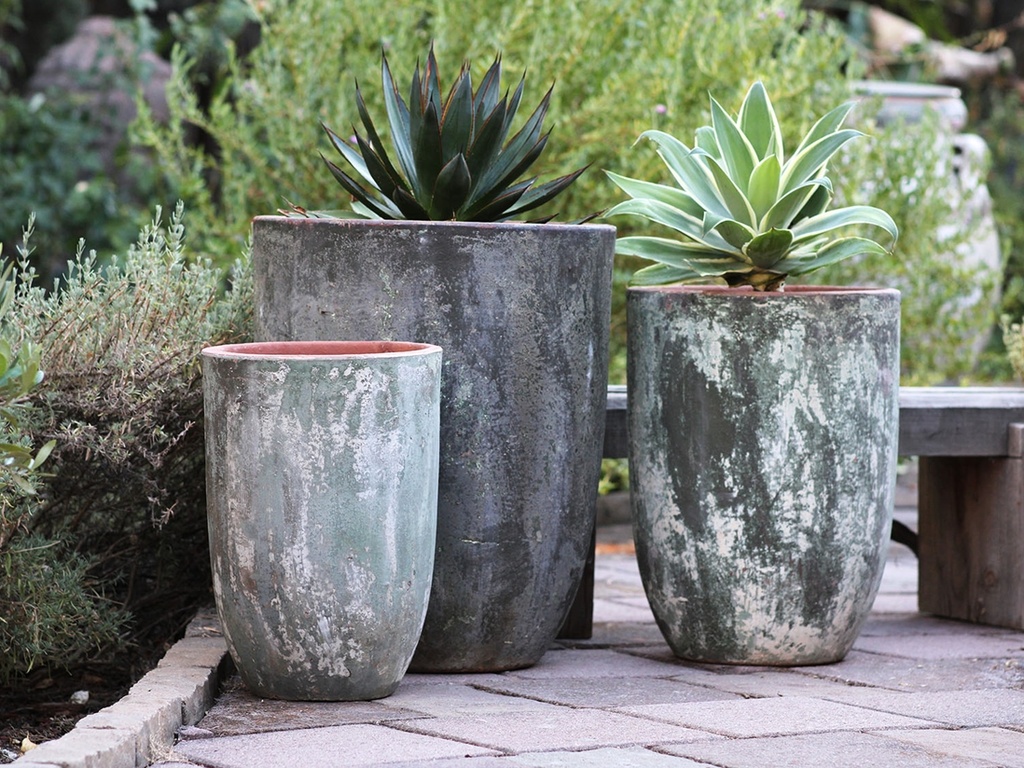 [PV-TS2306VDG-S3] MILANO TALL BARREL PLANTER, VERDIGRIS, SET OF 3 - 18.5" X 22.5", 14.5" X 19.5", 11.0" X 17.0"