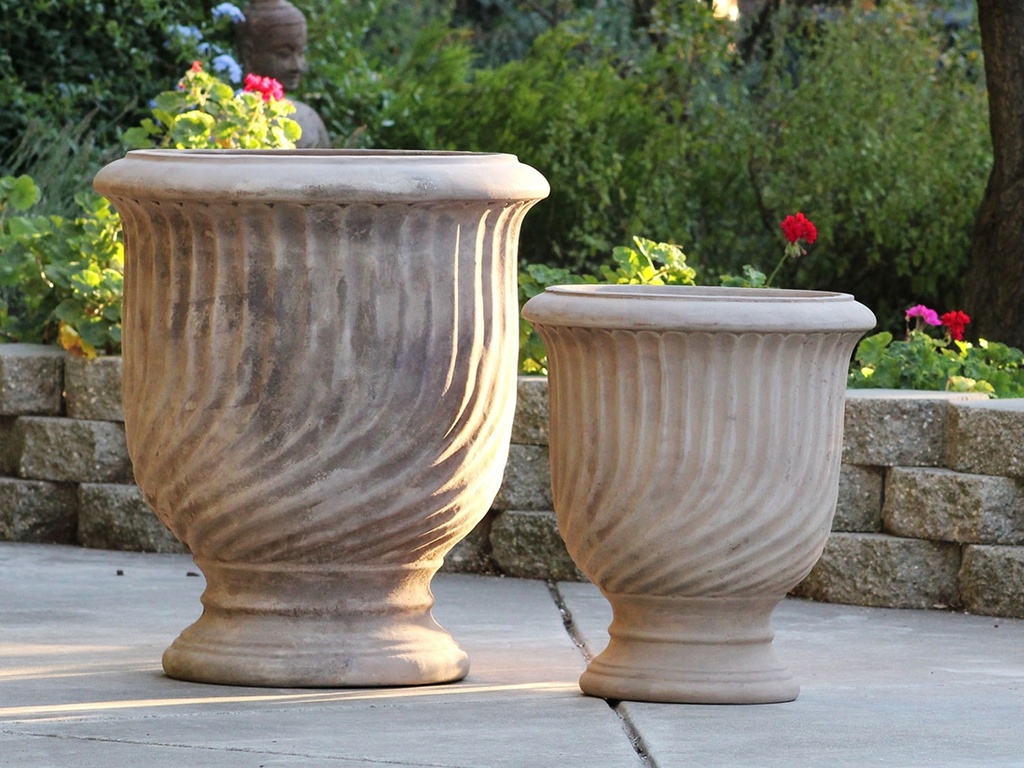 FRENCH URN, HEIRLOOM CLAY, 23.0"X26.0", 16.0"X17.0", BOTTOM 13.0", AND 7.0"