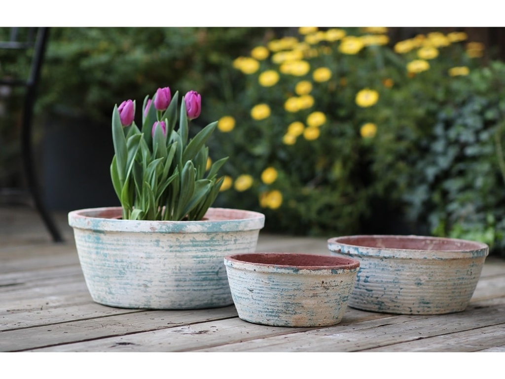[PV-TST3001ATS-S3] TUSCAN VILLAGE HAND THROWN ENGLISH TUMBLED POTS LOW, ATLANTIS SKY, SET OF 3 - 15.0" X 7.0", 13.0" X 6.0", 10.0" X 4.5"