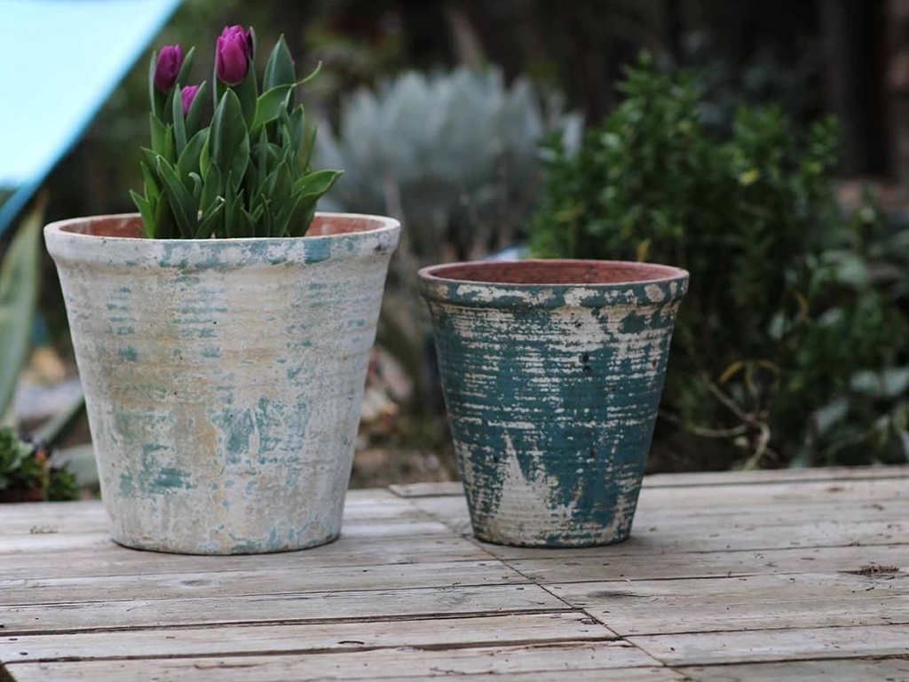 [PV-TST3002ATS-S2] TUSCAN VILLAGE HAND THROWN ENGLISH TUMBLED POTS MEDIUM, ATLANTIS SKY, SET OF 2 - 15.0" X 14.0", 11.0" X 11.0"