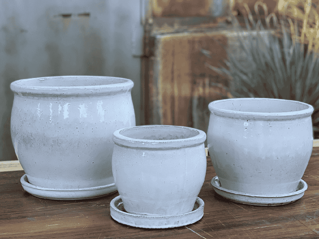 GOBLET PLANTER WITH ATTACHED SAUCER,WHITE SPECKLE, 10"X9"