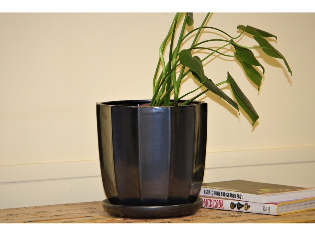 CLAMSHELL PLANTR WITH ATTACHED SAUCER, SILVER, 8.5"X8.5"