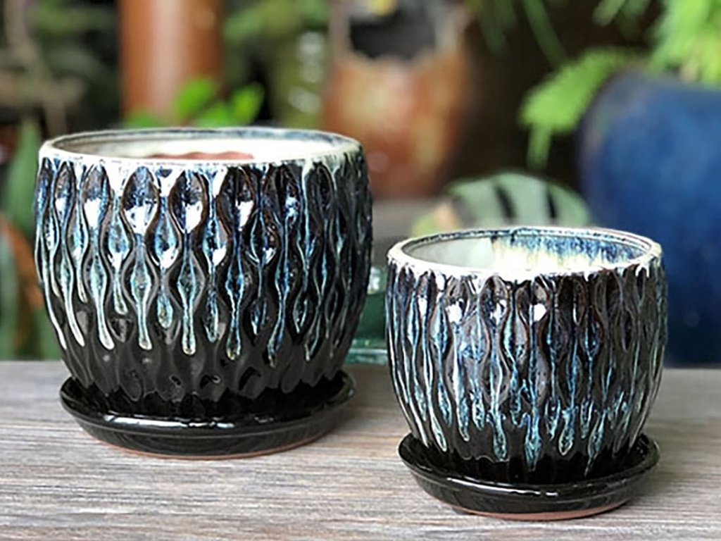 OAK WOOD FLOWER POT WITH ATTACHED SAUCER, SIZE A, WHITE BLACK, 7.5" x 6.5" (SOLD IN CASE OF 4)