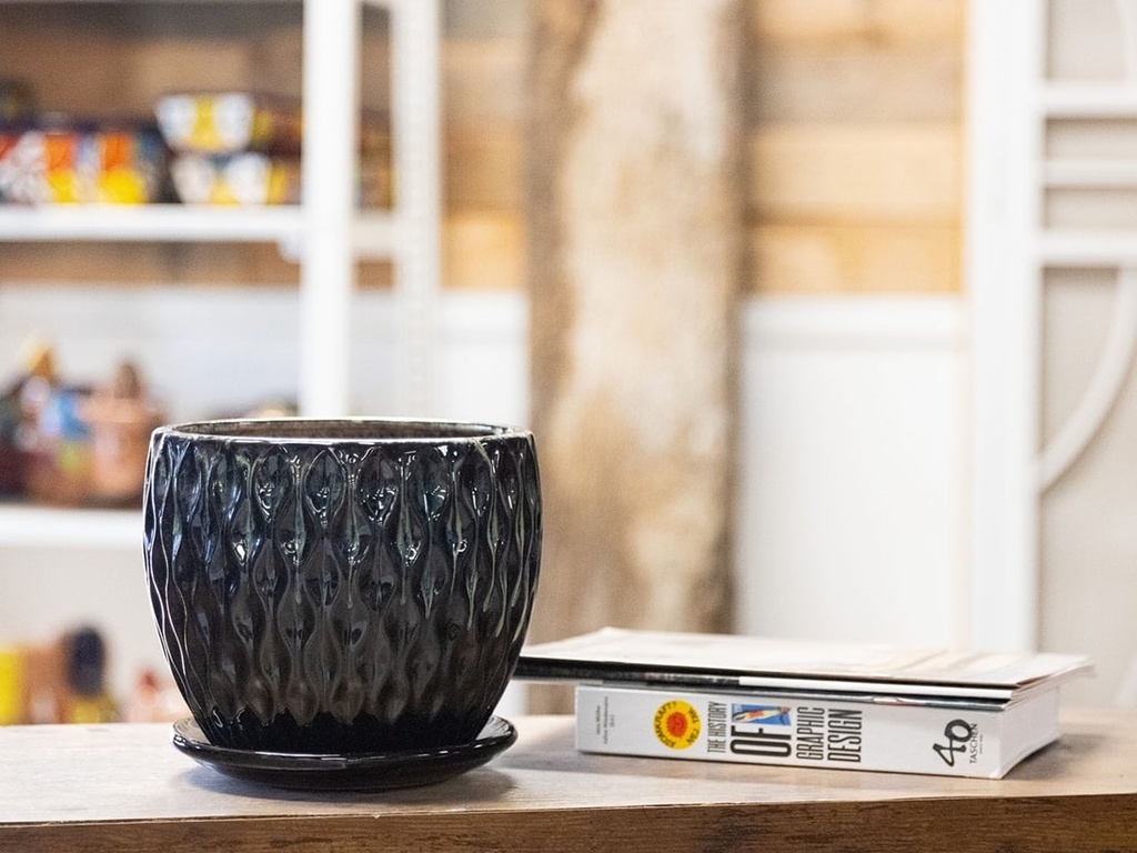 [PY-I1417WBK-B-C6] OAK WOOD FLOWER POT, WHITE BLACK, SIZE B - 5.5"x5.25" (SOLD IN CASE OF 6)