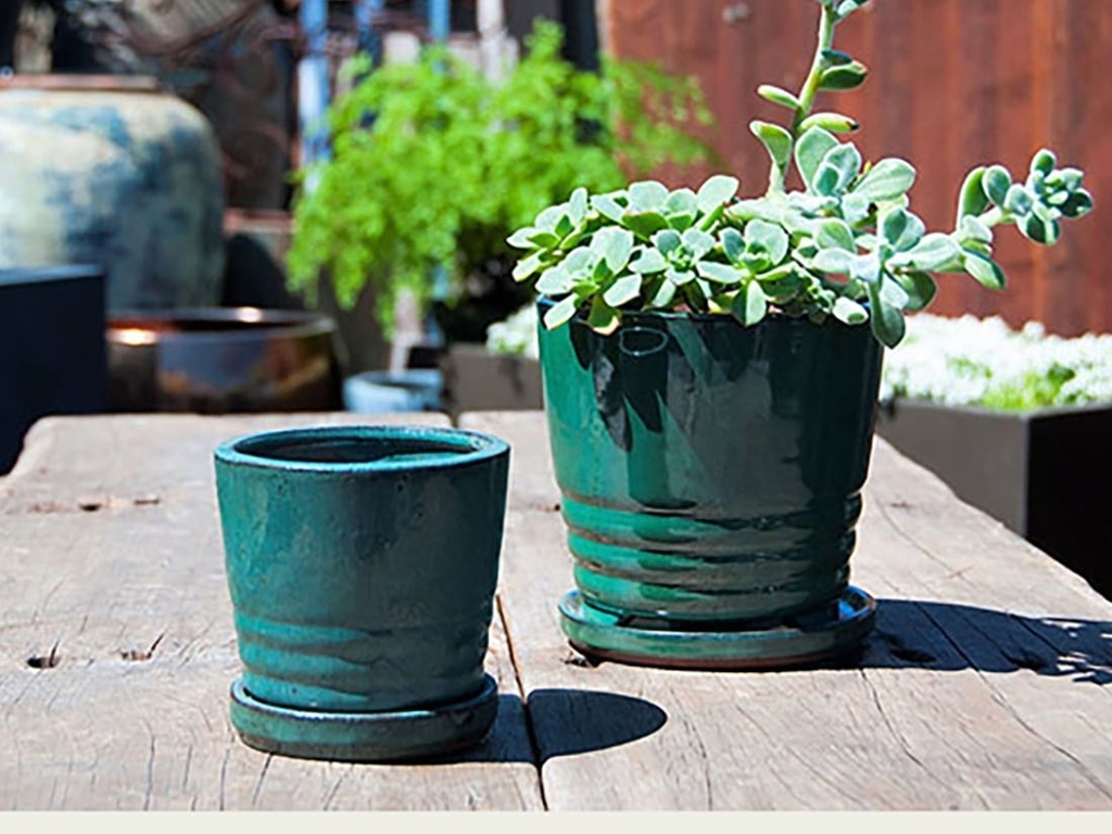 KONA INDOOR PLANTER WITH ATTACHED SAUCER, JADE, 7.5"X6.5" (SOLD IN CASE OF 4)