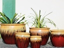 FISHBOWL GARDEN PLANTER,  GOLD ON OX RED, SET OF 5- 25.5"X19.5", 19.5"X15.5", 15.5"X14", 12"X11.5", 8.5"X9.5"