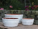 ENGLISH TUMBLED POTS LOW, AEGEAN WHITE, SET OF 3 - 15.0" X 7.0", 13.0" X 6.0", 10.0" X 4.5"