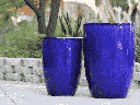 TALL BARREL PLANTERS, FALLING BLUE, SET OF 2 - 22"X32.5", 18"X26"