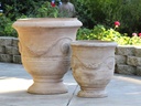 FAIENCE URN, HEIRLOOM CLAY, 22.0"X26.0", 14.0"X17.0", BOTTOM 16.0", AND 8.0"